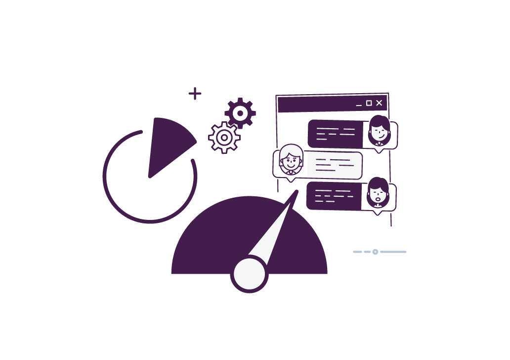 A stylised image icon of a pie chart, speedometer and chat messages