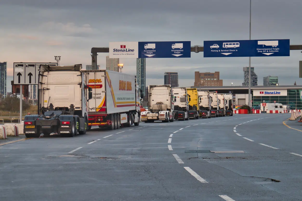 Lorry tractor units queuing at the Stena Line roll on - roll off Liverpool to Belfast ferry Terminal in Birkenhead on the River Mersey.