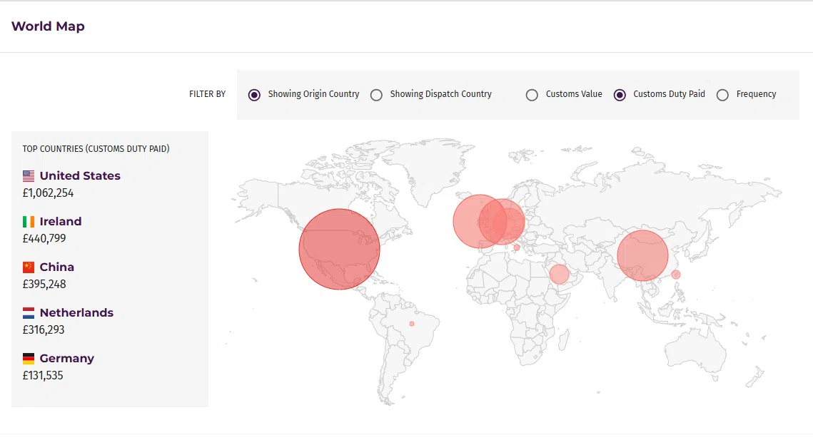 a screenshot of Barbourne Brook's CAT360 Customs Analytics Software showing the world map section