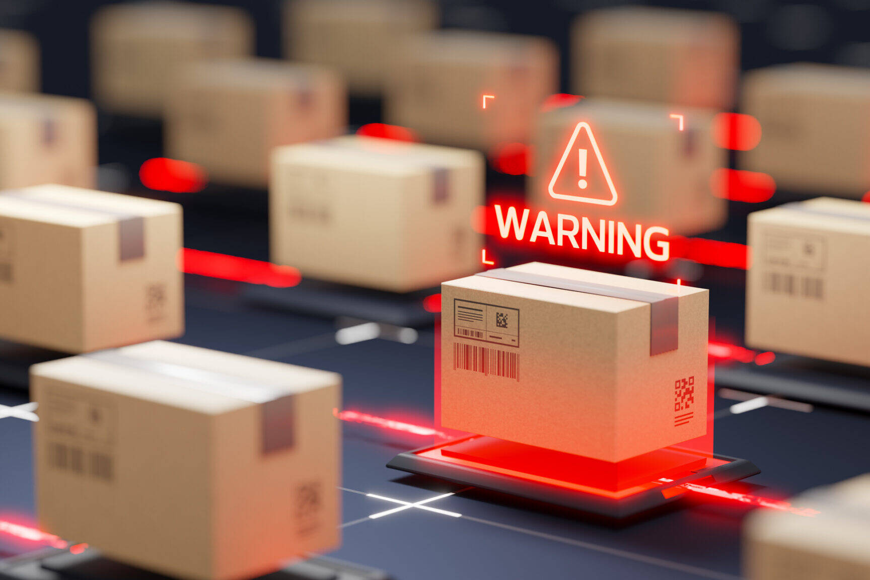 Red warning sign over cardboard box. Safety and security on sorting and storage lines. Automatic logistics management concept. determining misclassification of goods in customs declarations