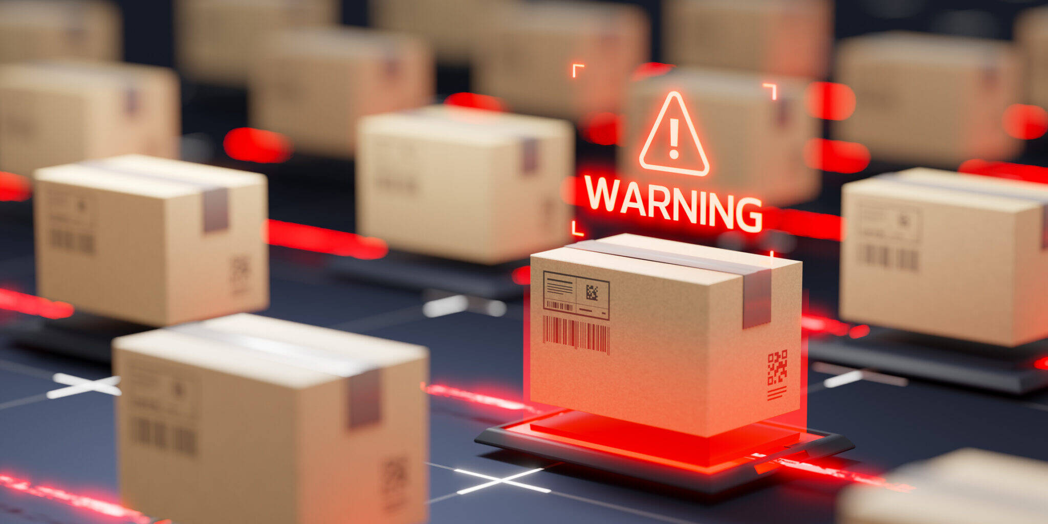 Red warning sign over cardboard box. Safety and security on sorting and storage lines. Automatic logistics management concept. determining misclassification of goods in customs declarations